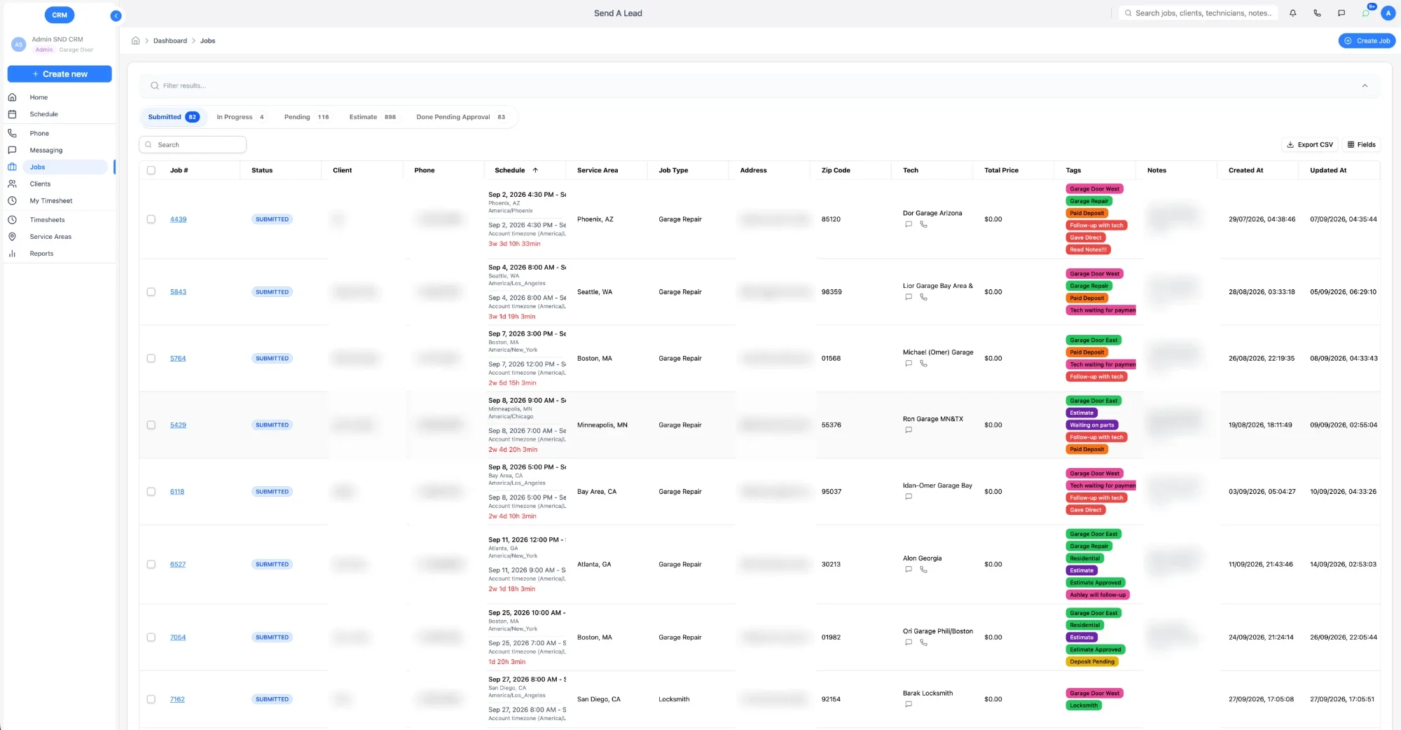 Jobs table with status tabs, tags and notes