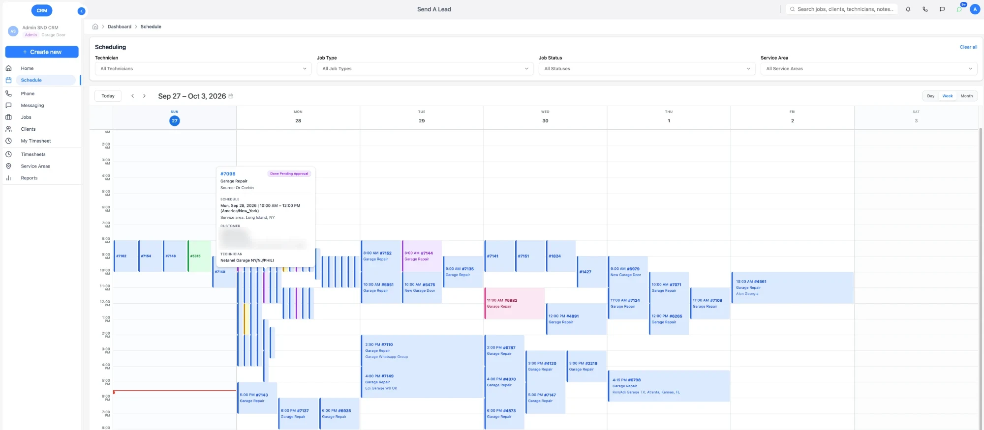 Week view of the dispatch calendar with a job details popover