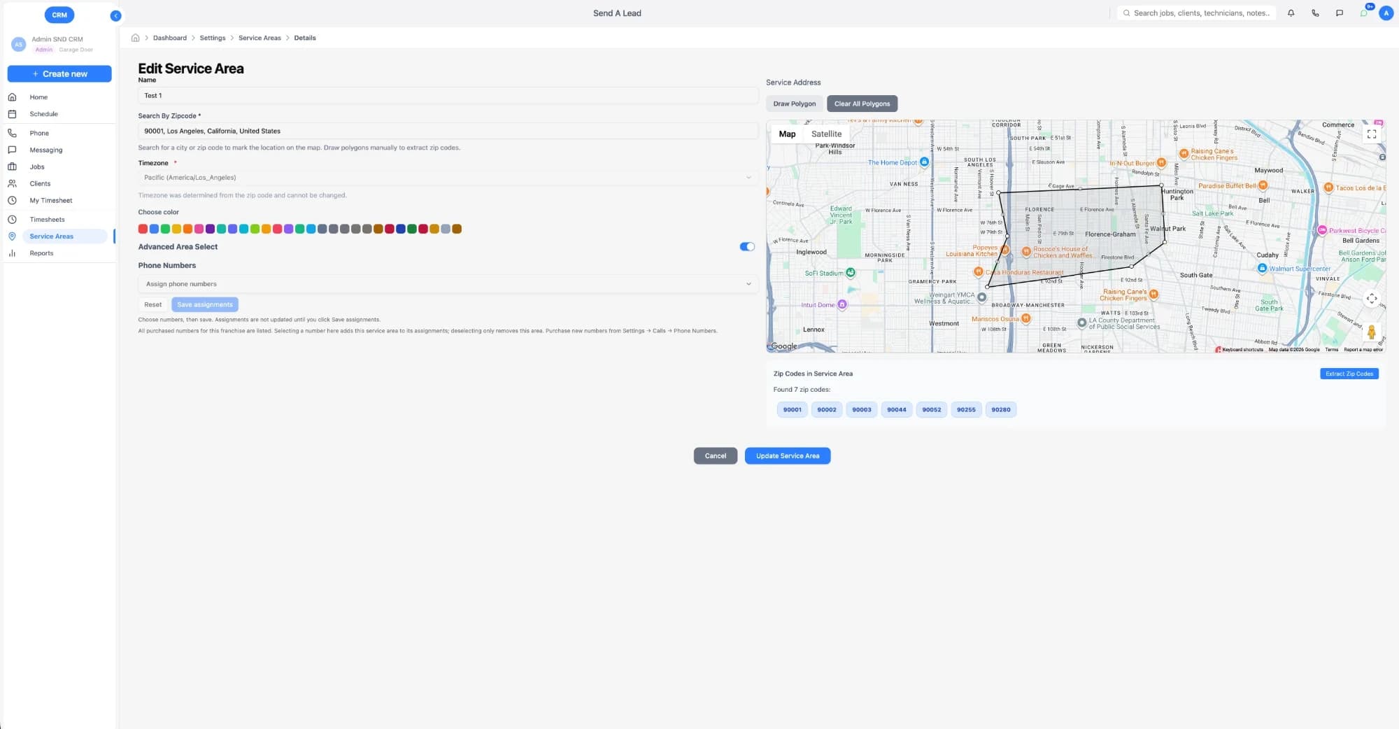 Service area editor with a polygon drawn on Google Maps and extracted zip codes